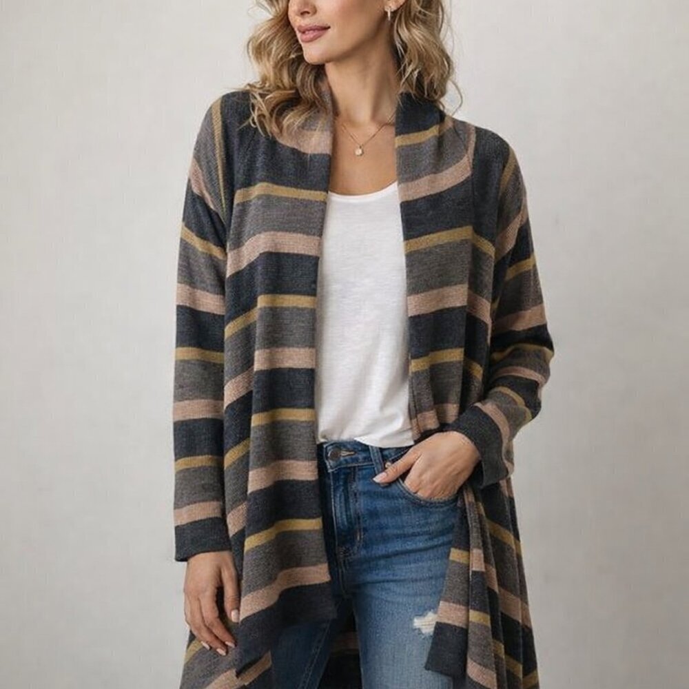 Cynthia Rowley, size L/XL 100% merino wool Brown Striped Open Front Cardigan